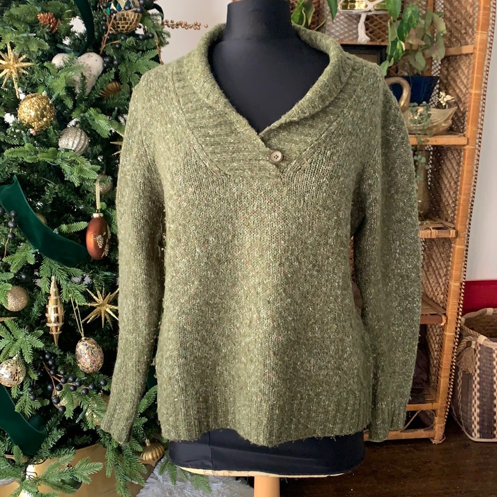 LL Bean green shawl neck wool blend sweater size Large